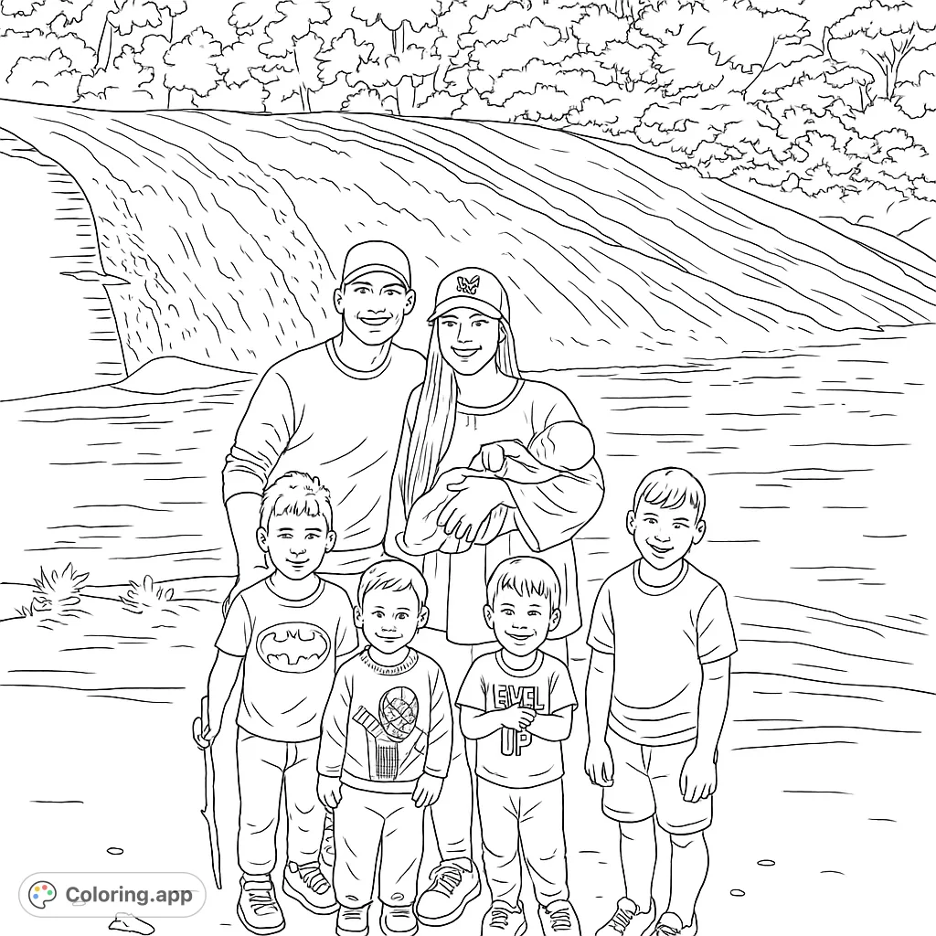 A happy family of six, including an infant, posing by a majestic waterfall. A heartwarming outdoor scene for coloring.