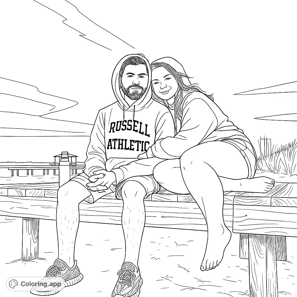 A loving couple sits on a wooden pier by the beach, perfect for a romantic coloring escape. Free printable beach couple coloring page for adults and teens.