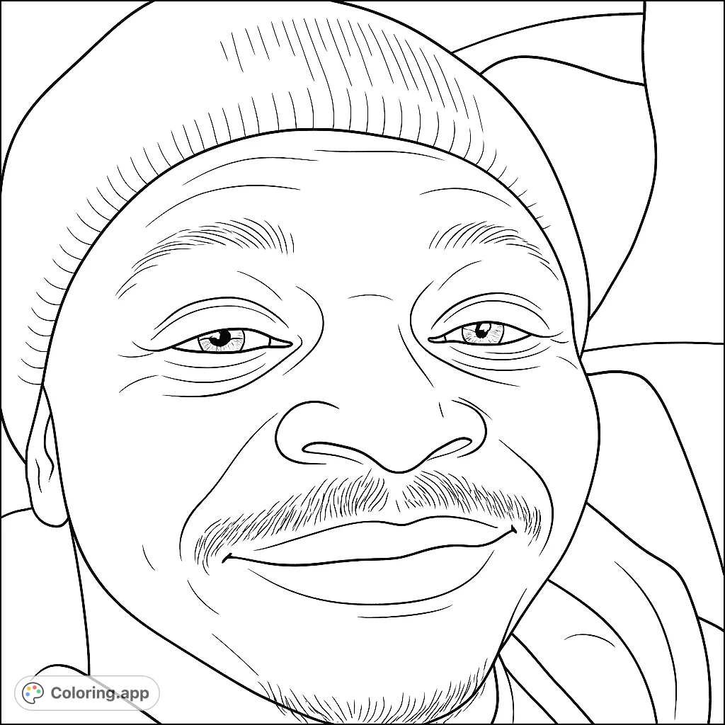 A detailed portrait of a smiling man, perfect for a realistic coloring experience. Features expressive eyes, a mustache, and a beanie.