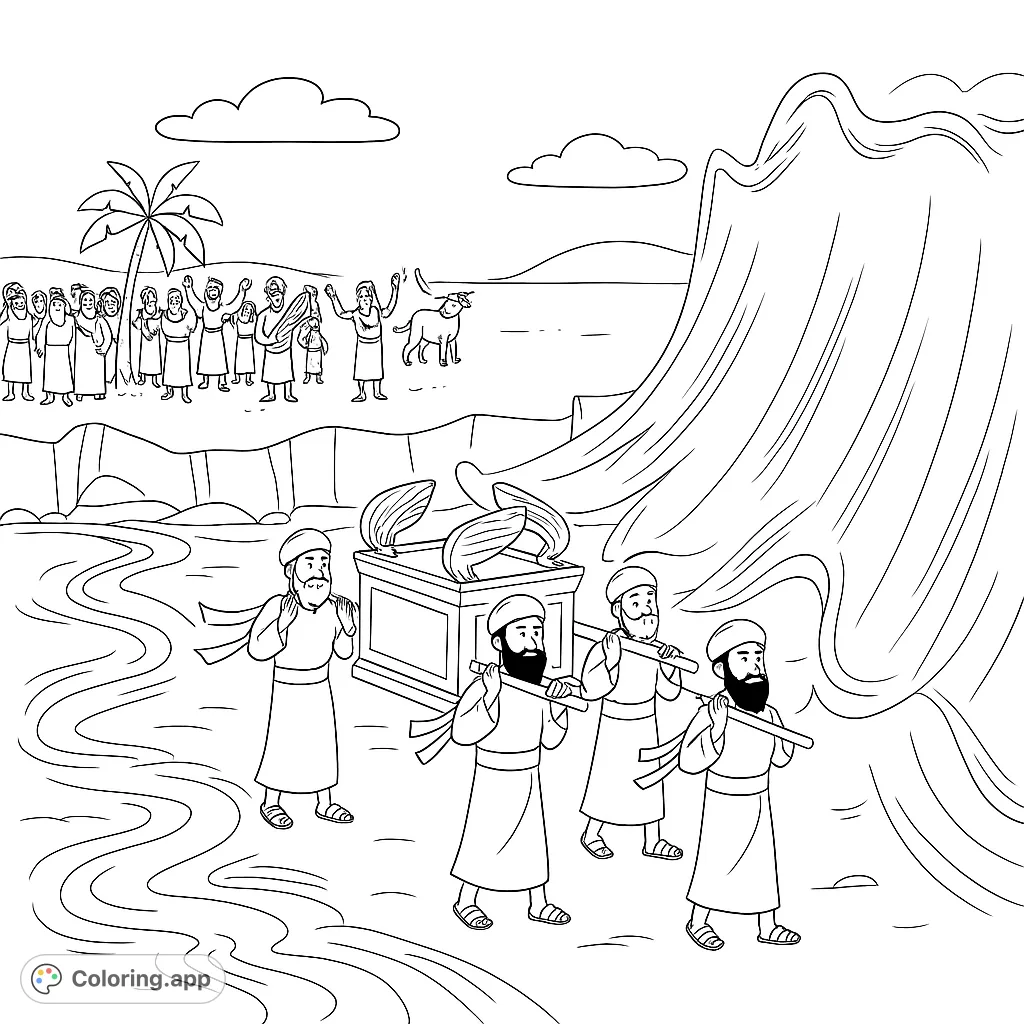 Experience the miraculous river crossing! Four men carry the Ark of the Covenant through parted waters, with a joyful crowd watching. A free printable biblical coloring page for all ages.