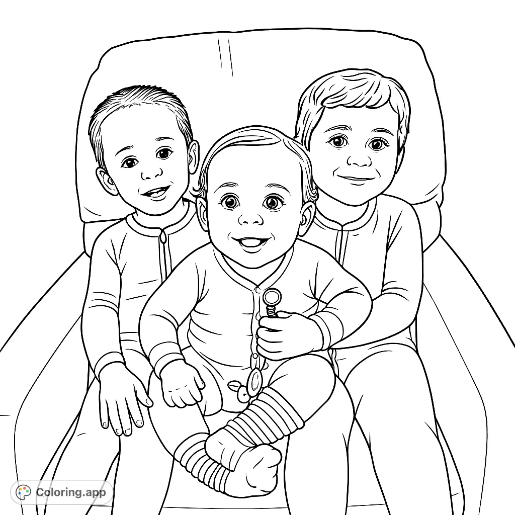 Adorable baby and two older siblings smiling together on a cozy chair. A heartwarming family portrait, perfect for a free printable coloring page.