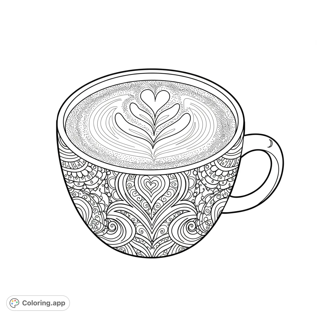 An intricate coffee cup coloring page featuring detailed latte art and a beautiful mandala pattern, perfect for a relaxing coloring experience.