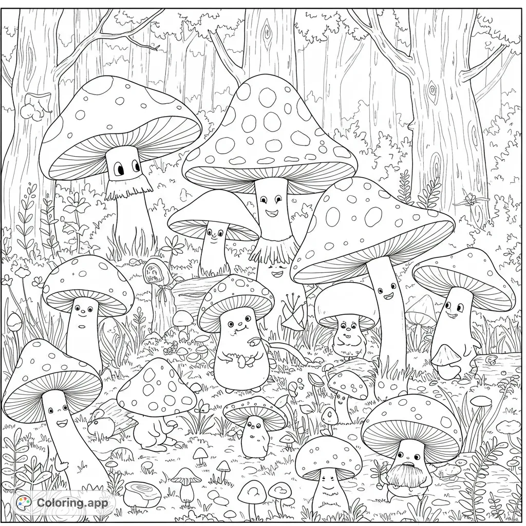 A charming forest scene filled with happy, anthropomorphic mushrooms of all shapes and sizes, nestled among detailed trees and lush undergrowth, ready for vibrant coloring.