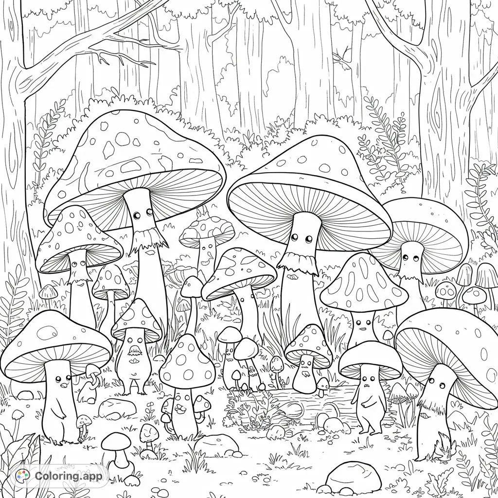 Explore a charming forest filled with whimsical, anthropomorphic mushrooms! A delightful free printable mushroom coloring page for kids and adults.