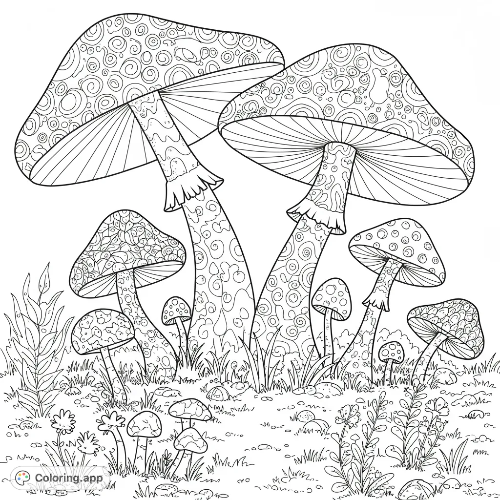 Explore a magical mushroom patch with intricate patterns and whimsical details. A free printable mushroom coloring page for all ages to enjoy.