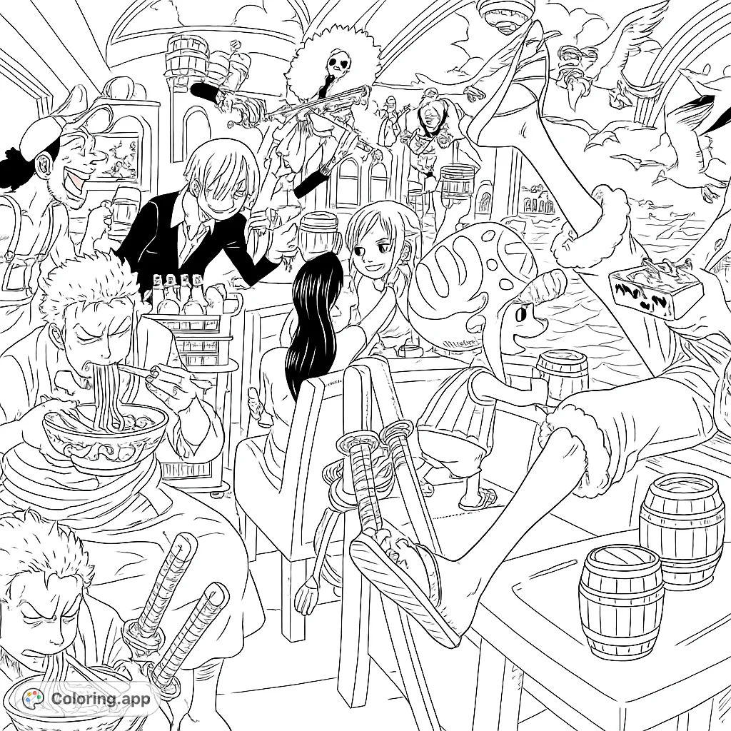 A lively pirate crew celebrates in a bustling tavern, enjoying food, drinks, and music. A fun, free printable anime-style coloring page for all ages.