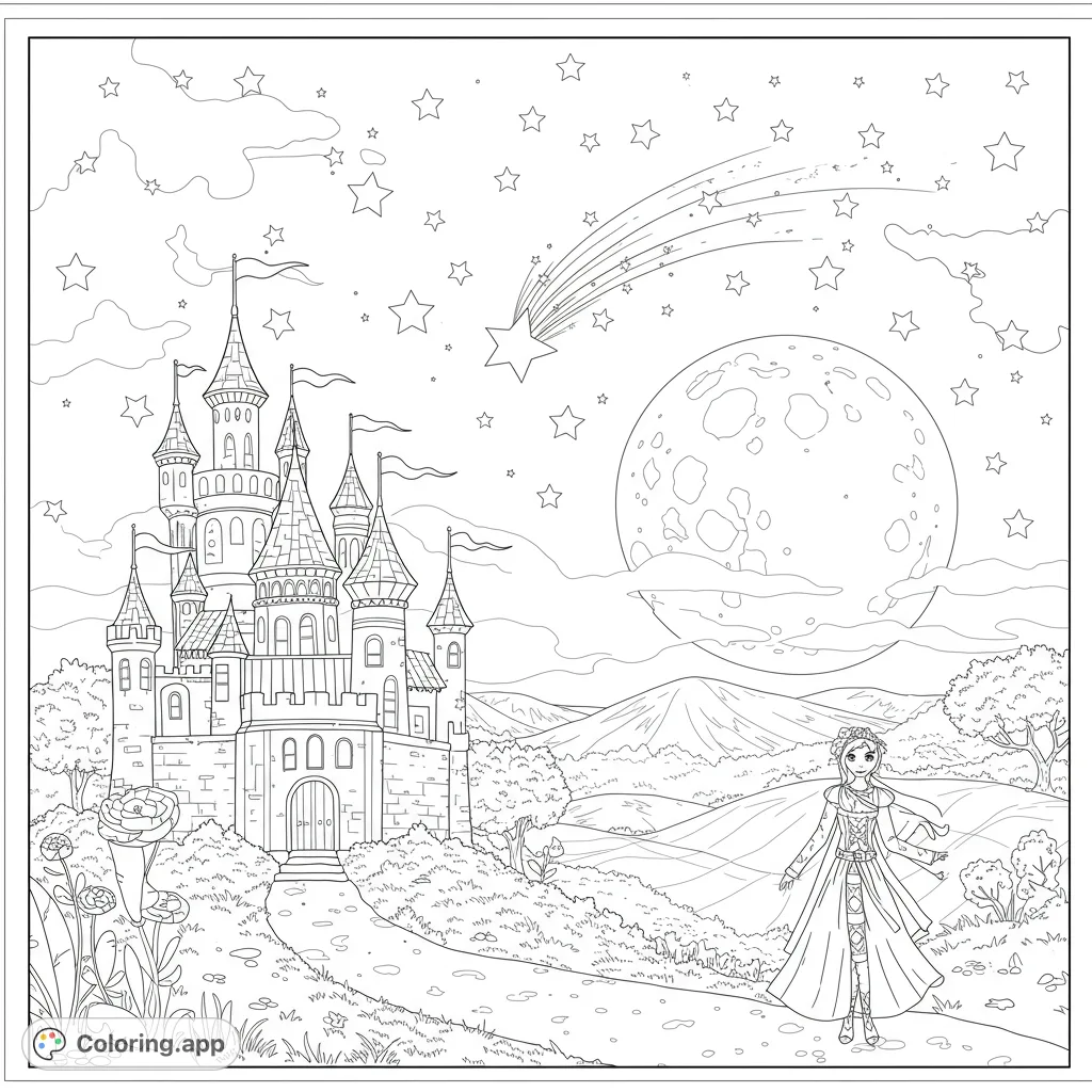 A magical princess stands before a grand castle under a starry, moonlit sky with a shooting star. A free printable fairytale coloring page.