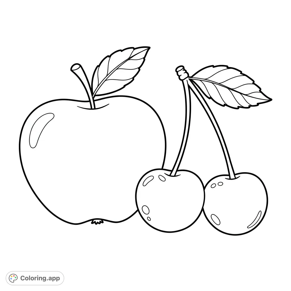 A delightful free printable fruit coloring page featuring a crisp apple and two sweet cherries, perfect for kids and adults to enjoy.