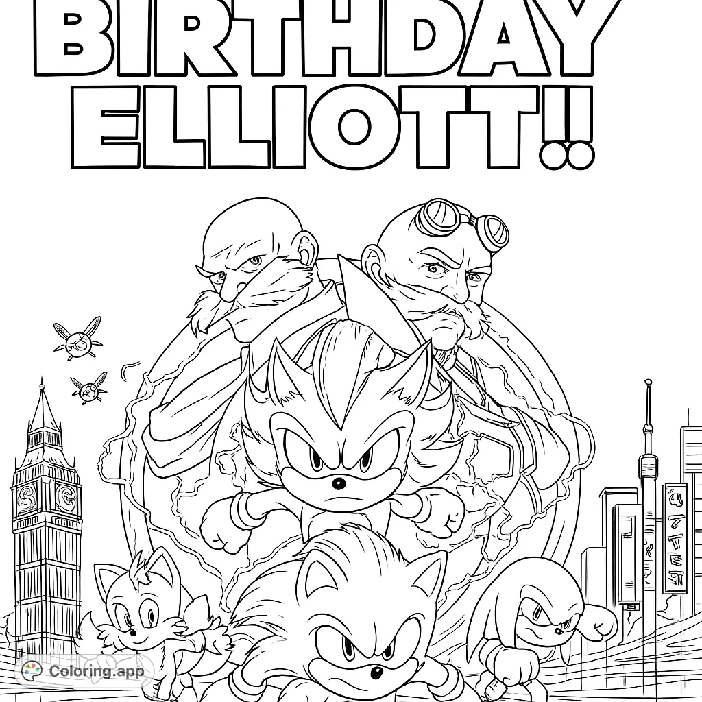 Dynamic Sonic and friends coloring page with Shadow, Tails, Knuckles, and Dr. Eggman in an action-packed cityscape. Free printable fun!