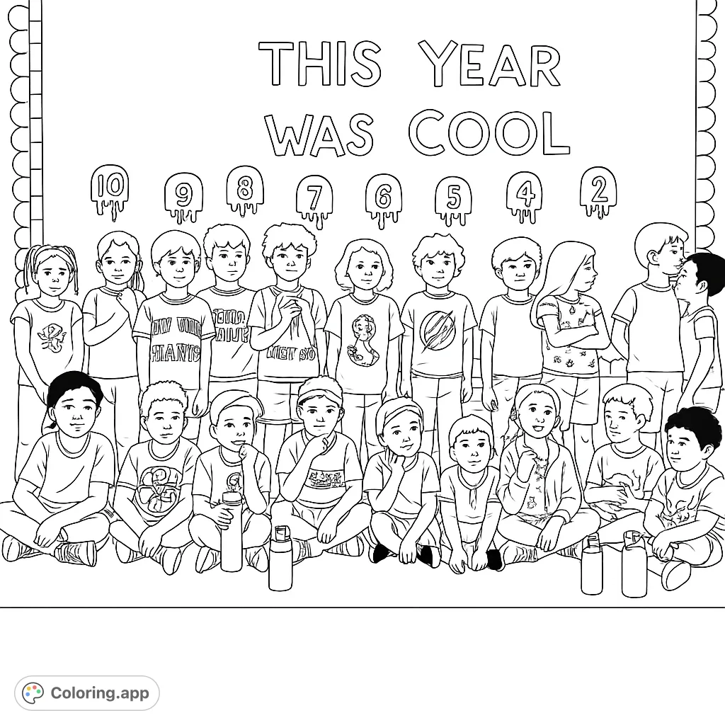 Celebrate friendship and diversity with this free printable coloring page featuring a joyful group of children, perfect for school year memories.