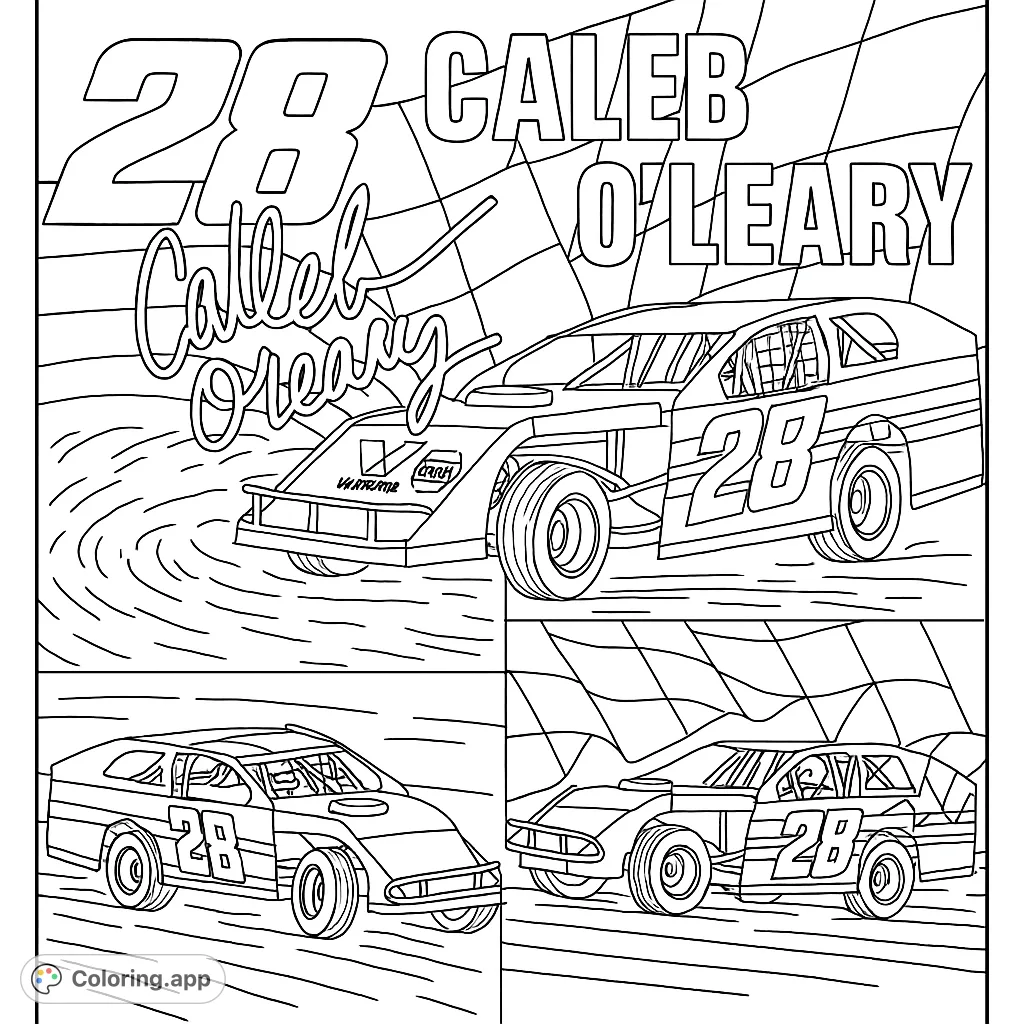 Dynamic dirt track race cars with number 28, ready for action. A thrilling speedway scene for racing enthusiasts to color.
