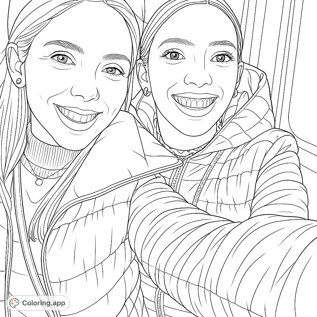 A heartwarming black and white line drawing of two smiling young women taking a selfie, perfect for personalizing with vibrant colors.