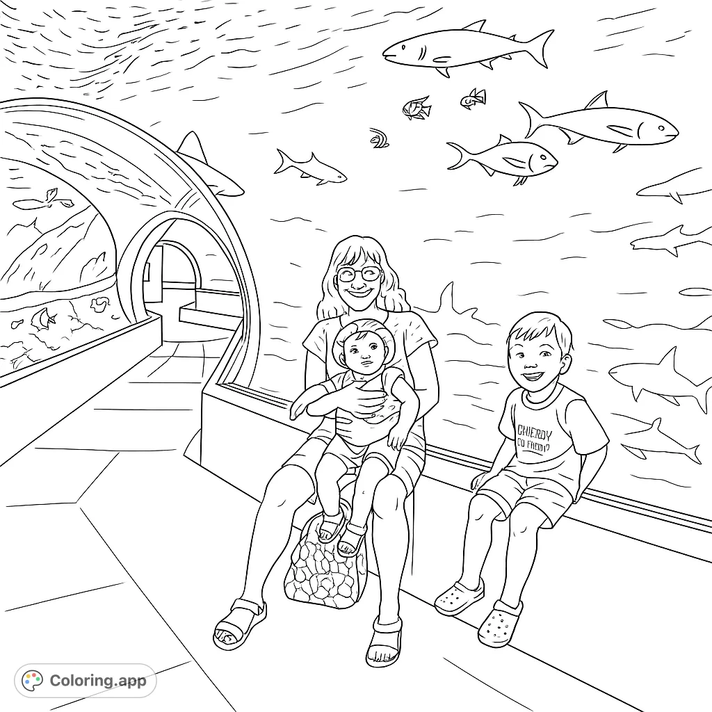A happy family enjoys an aquarium visit, with a mother holding a baby and a boy beside them, surrounded by various fish and sharks in a large tank.