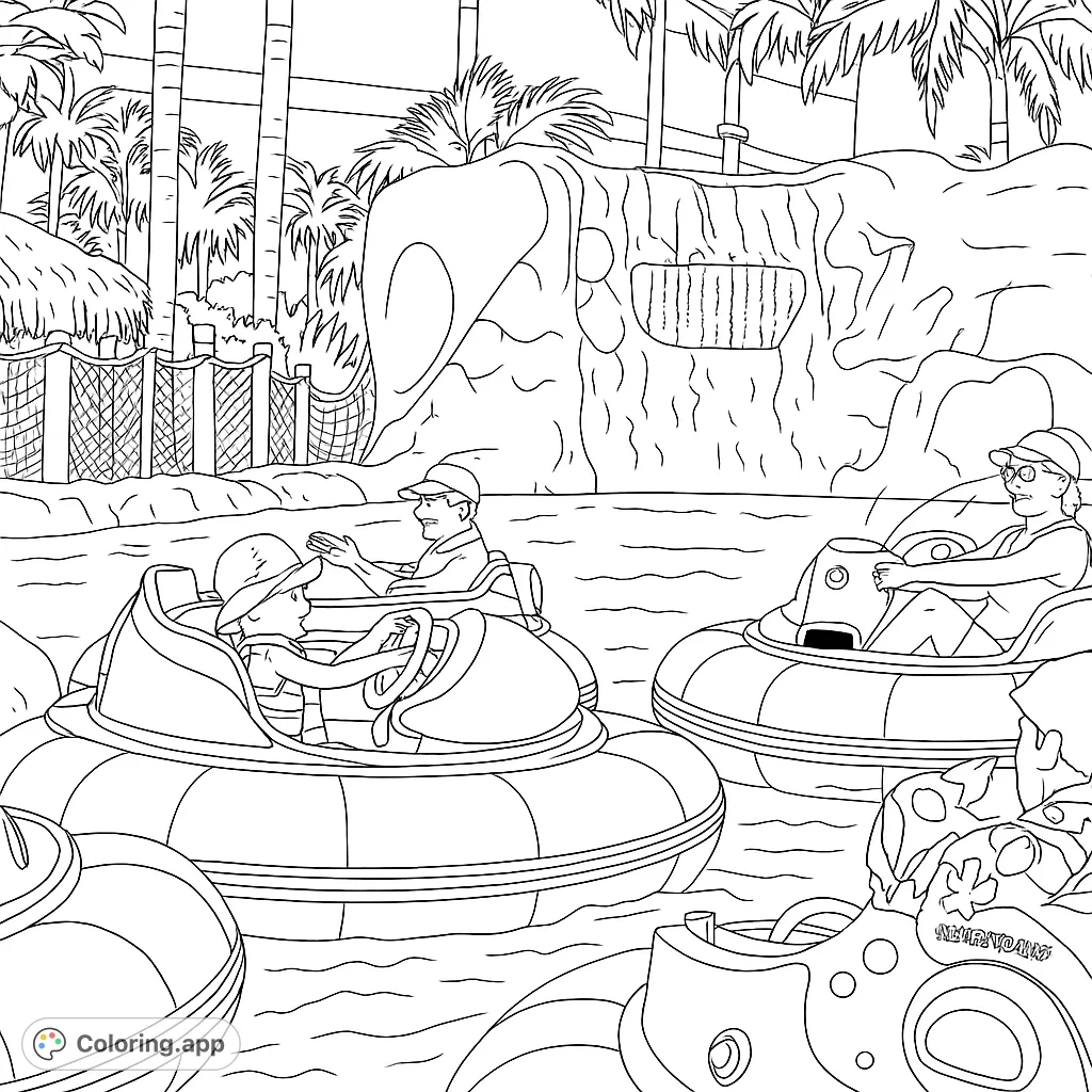 Dive into fun with this lively bumper boat water park scene! Features people in boats, palm trees, and a waterfall. Perfect for a splash of color!