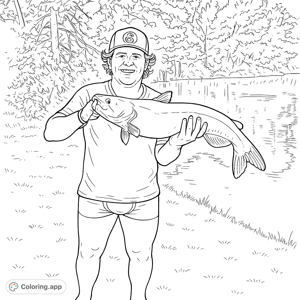 A proud angler holds a large fish by a serene lake, surrounded by lush trees and grassy banks. A perfect fishing adventure coloring page.