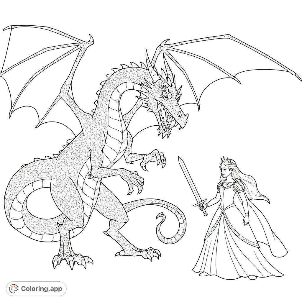A majestic dragon confronts a brave princess wielding a sword in this epic fantasy coloring page. Perfect for adventure lovers.