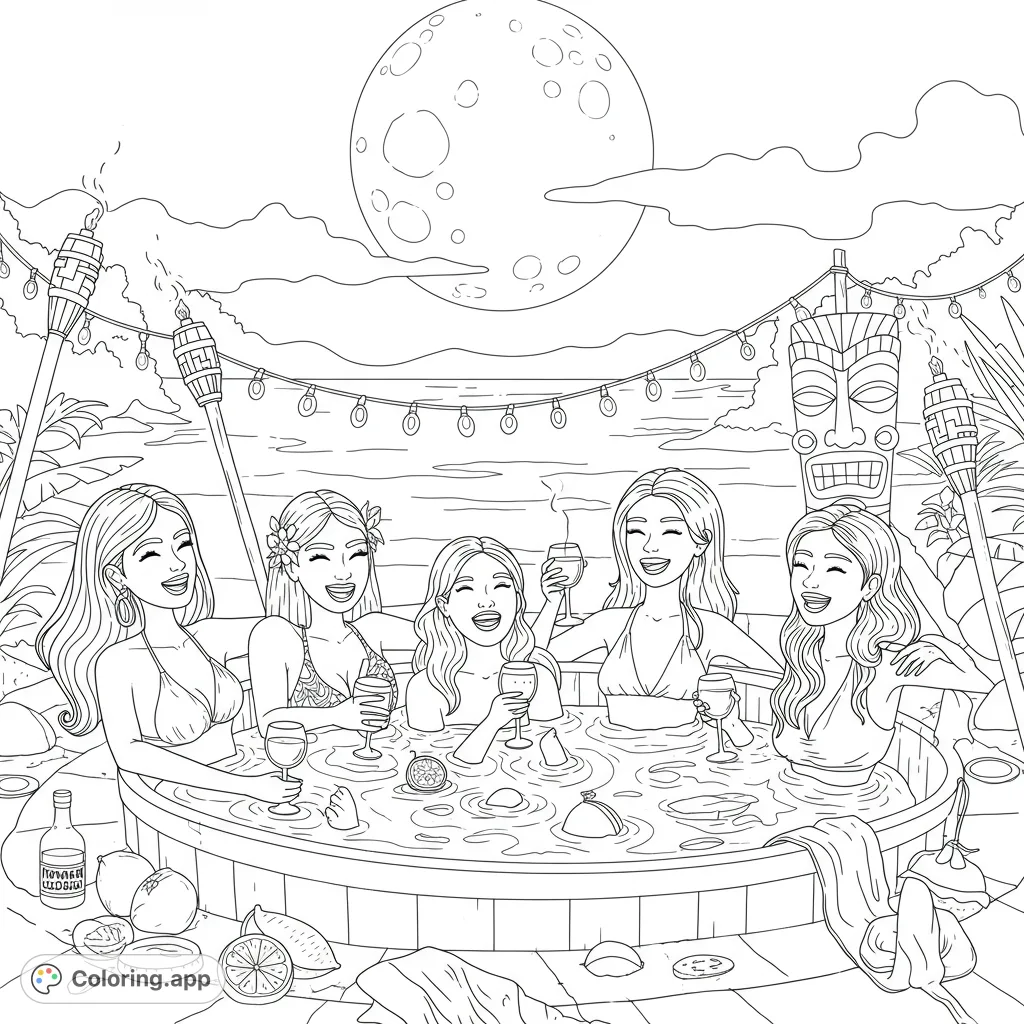 Relaxing moonlit hot tub party with five joyful women, tropical vibes, and sparkling string lights. A perfect free printable coloring page for adults.