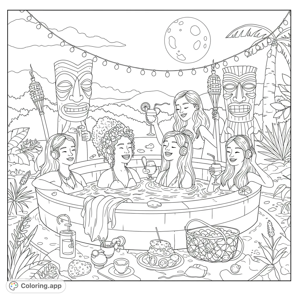 Relaxing tiki hot tub party with friends, tropical vibes, and a full moon. A fun, free printable tropical hot tub coloring page for adults and teens.