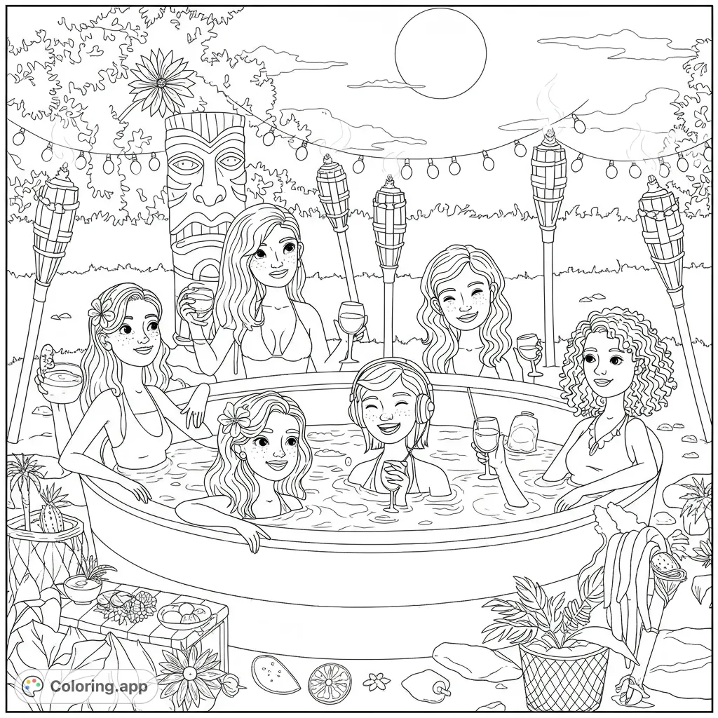 Six friends enjoy a relaxing hot tub party with tropical drinks, tiki torches, and string lights under a moonlit sky. A fun, free printable coloring page.