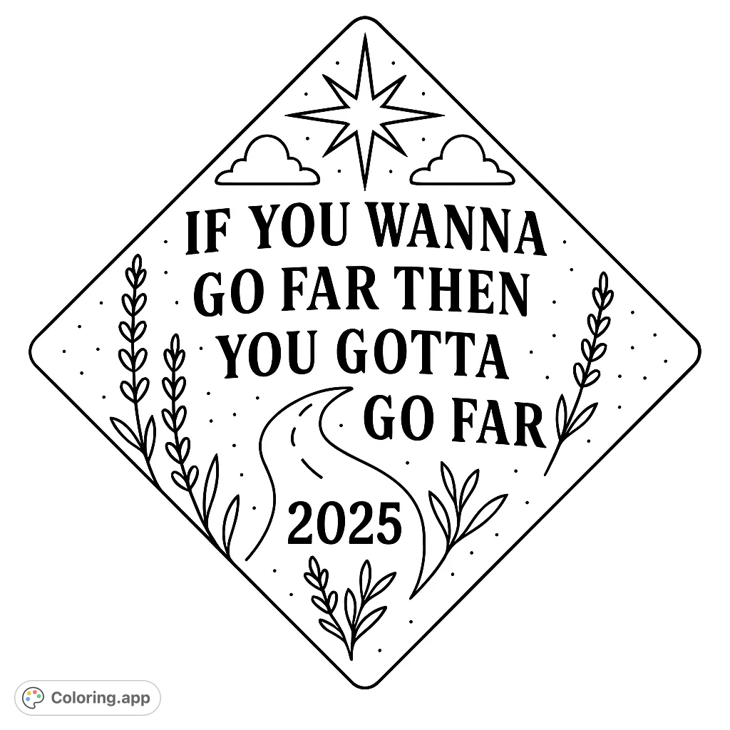 Inspiring graduation emblem with a motivational quote, winding road, star, and botanical accents. Perfect for celebrating achievements.