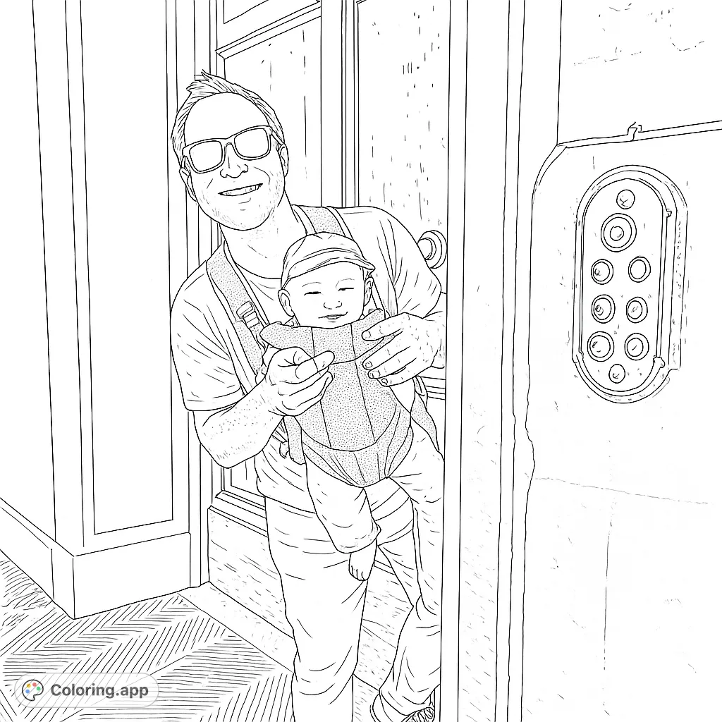 A heartwarming father and baby coloring page featuring a smiling dad holding his baby in a carrier, peeking from a grand doorway. Perfect for family fun.