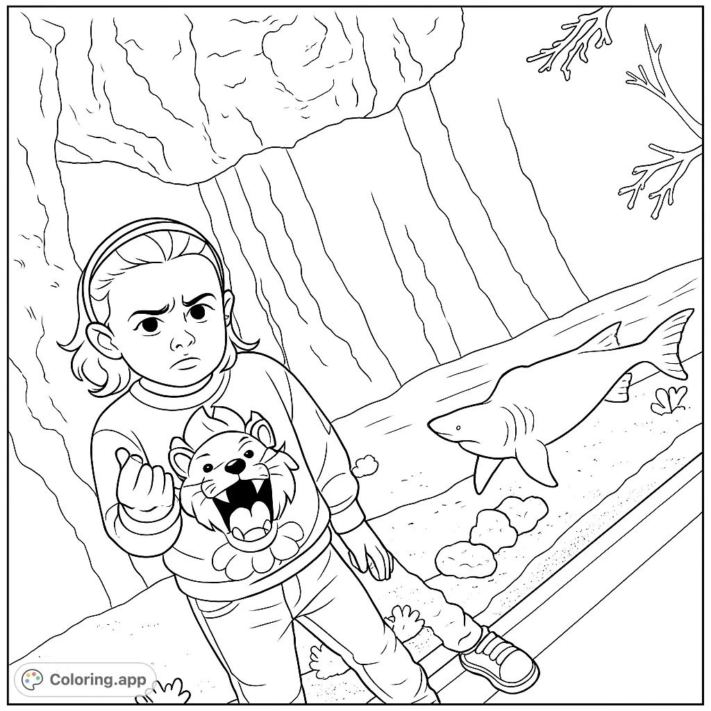 Explore an intriguing underwater scene featuring a young girl with a lion shirt encountering a shark. A free printable underwater adventure coloring page for kids.