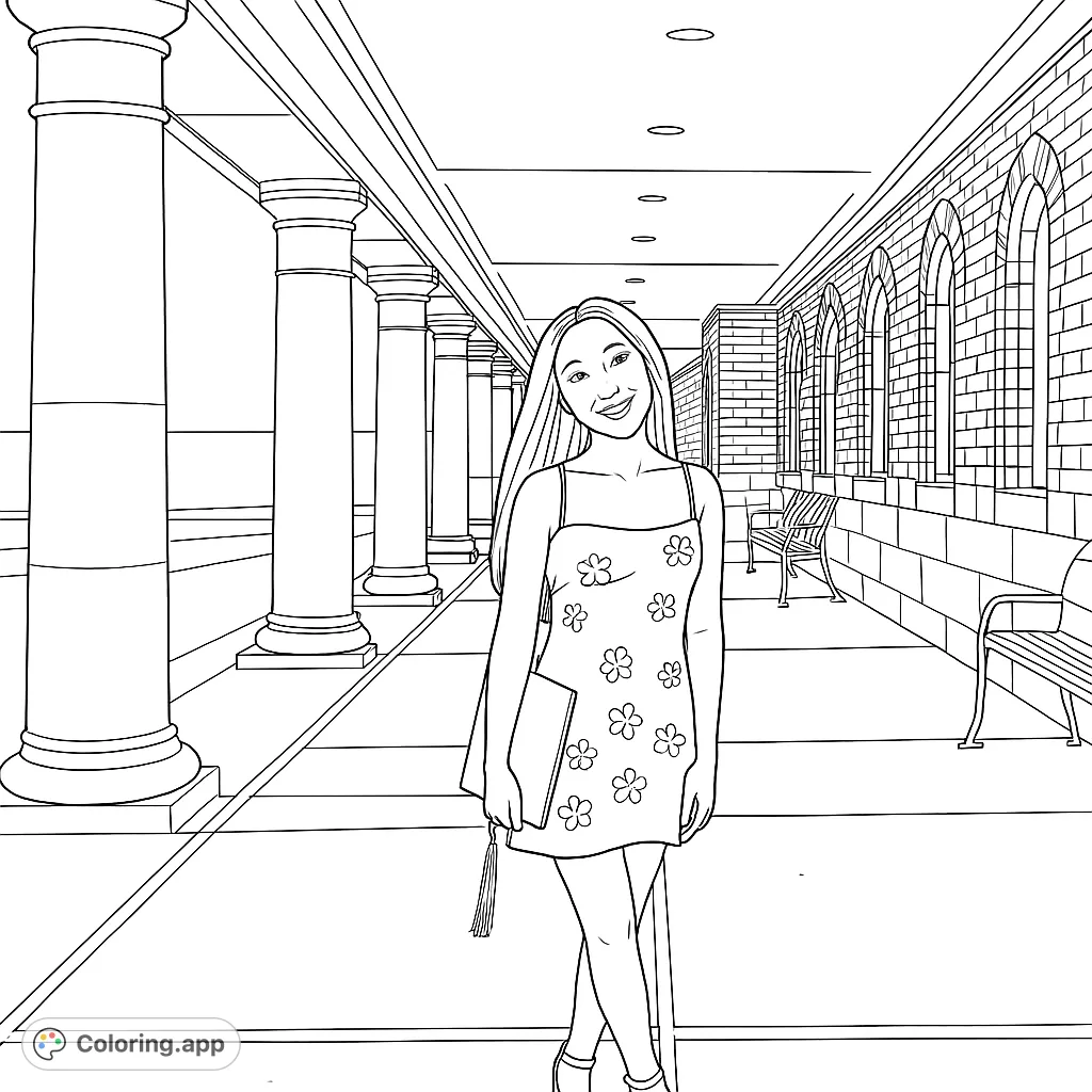 Color a joyful graduate in a grand hall with classical columns and arched walls. A free printable graduation coloring page for all ages.