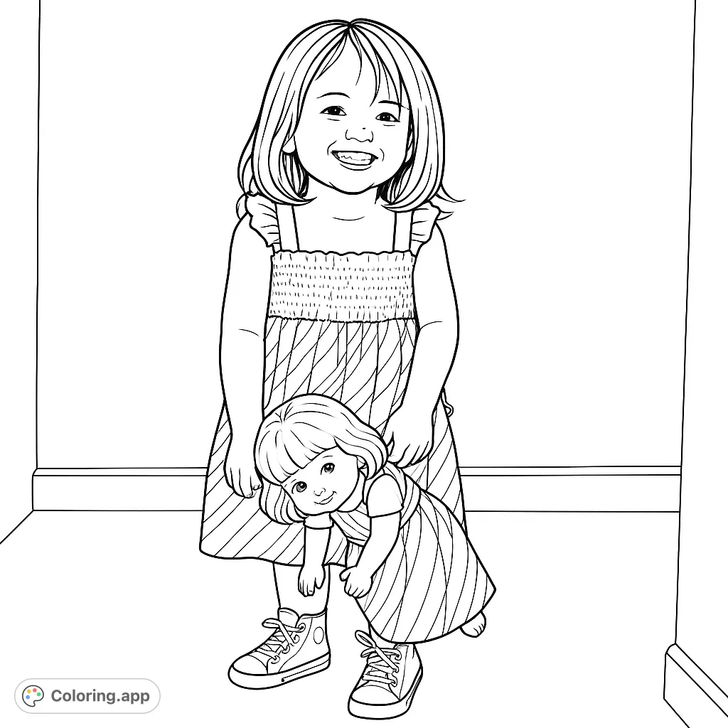 A joyful girl with a sweet smile holds her favorite doll in this charming free printable coloring page. Perfect for kids!