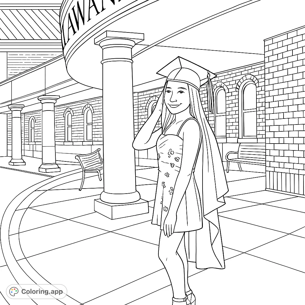 Celebrate academic achievement with this graduation coloring page featuring a smiling graduate on a university campus, perfect for all ages.