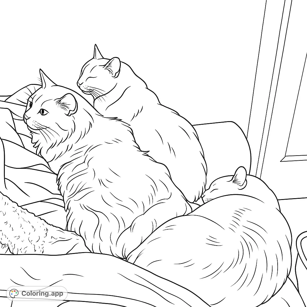 A cozy cat coloring page featuring three feline friends napping together on soft blankets, perfect for relaxation and creative expression.