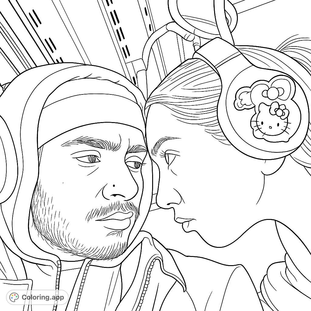 Capture a tender, intimate moment between two individuals sharing a connection, complete with detailed headphones and subtle background elements.