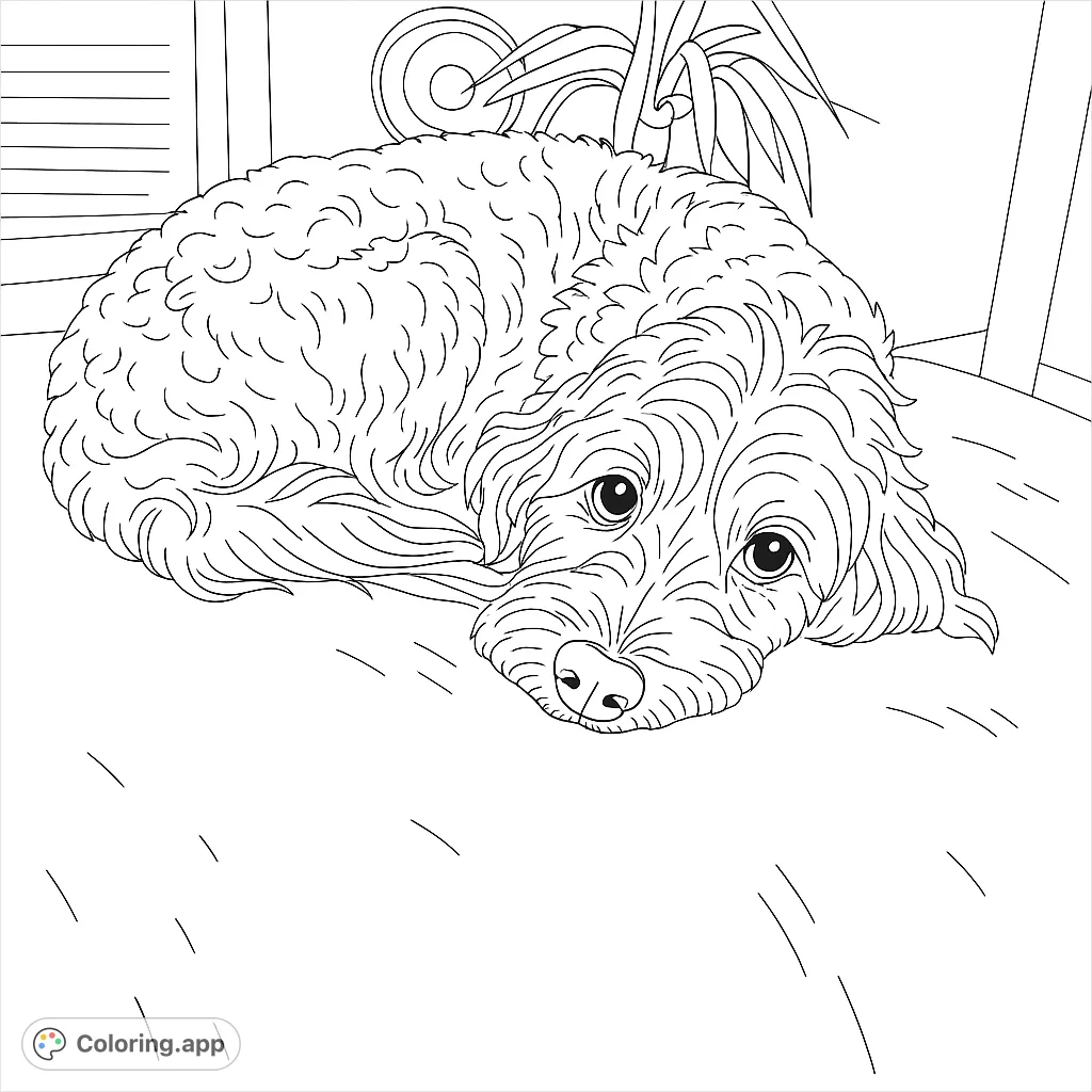 A charming curly dog rests peacefully, eyes wide, surrounded by subtle home details. A delightful free printable dog coloring page for all ages.