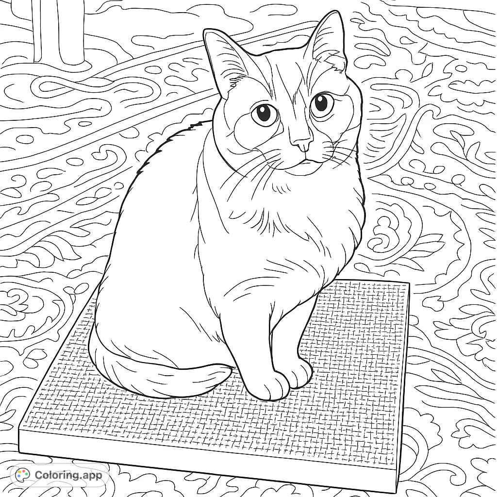 A charming cat sits on its textured scratching pad, surrounded by a decorative patterned rug. A delightful free printable cat coloring page for all ages.