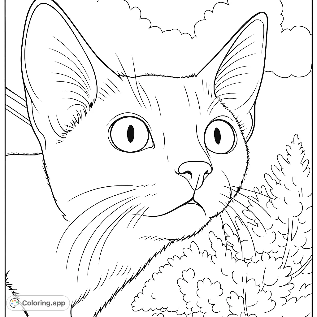 A captivating curious cat coloring page, perfect for animal lovers. Features a wide-eyed feline portrait with detailed fur and whiskers. Free printable fun!