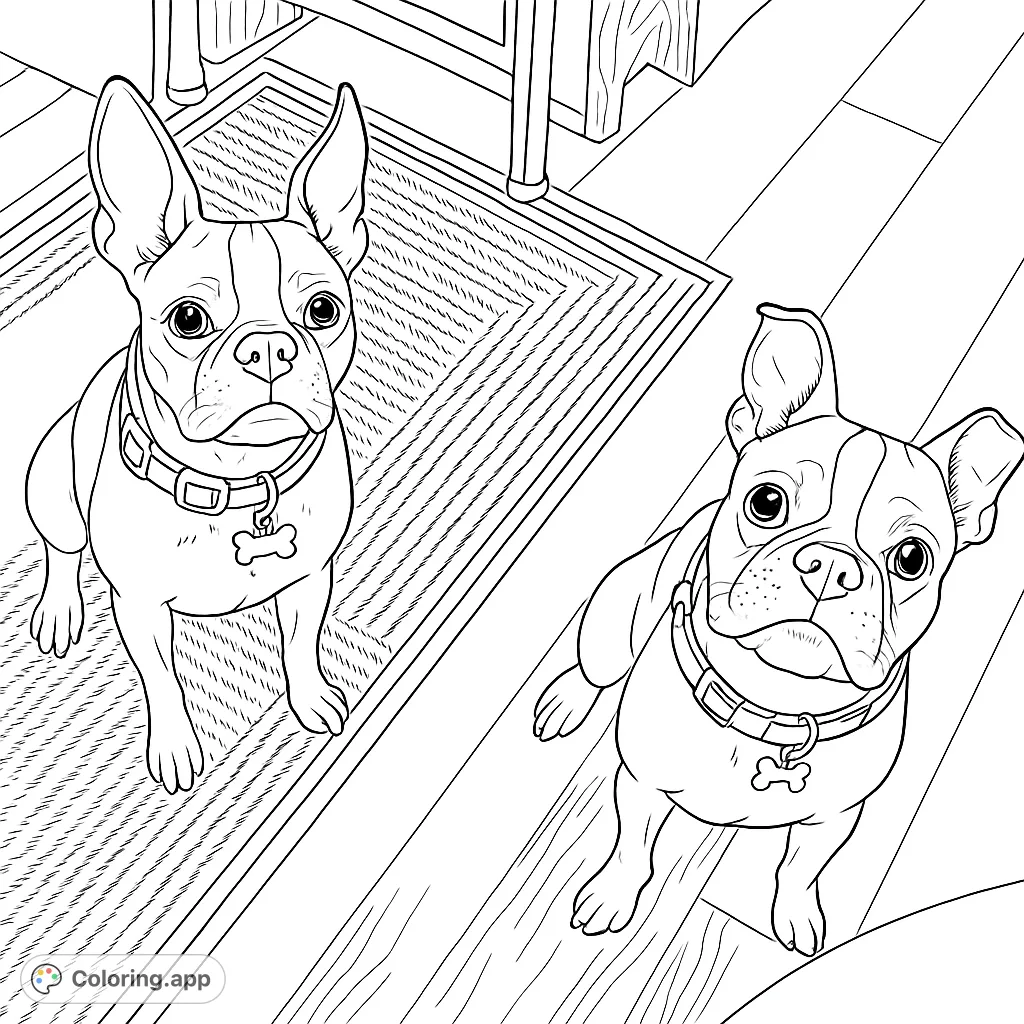 Two adorable French Bulldogs gaze up, ready for your creative colors! A charming free printable French Bulldog coloring page for all ages.