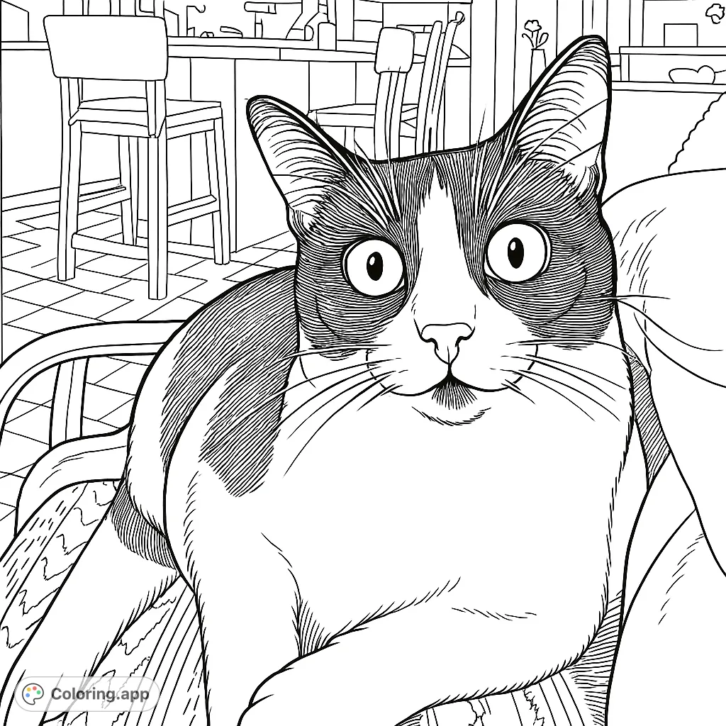 A charming tuxedo cat with wide, curious eyes rests in a cozy home setting, perfect for a delightful coloring adventure.