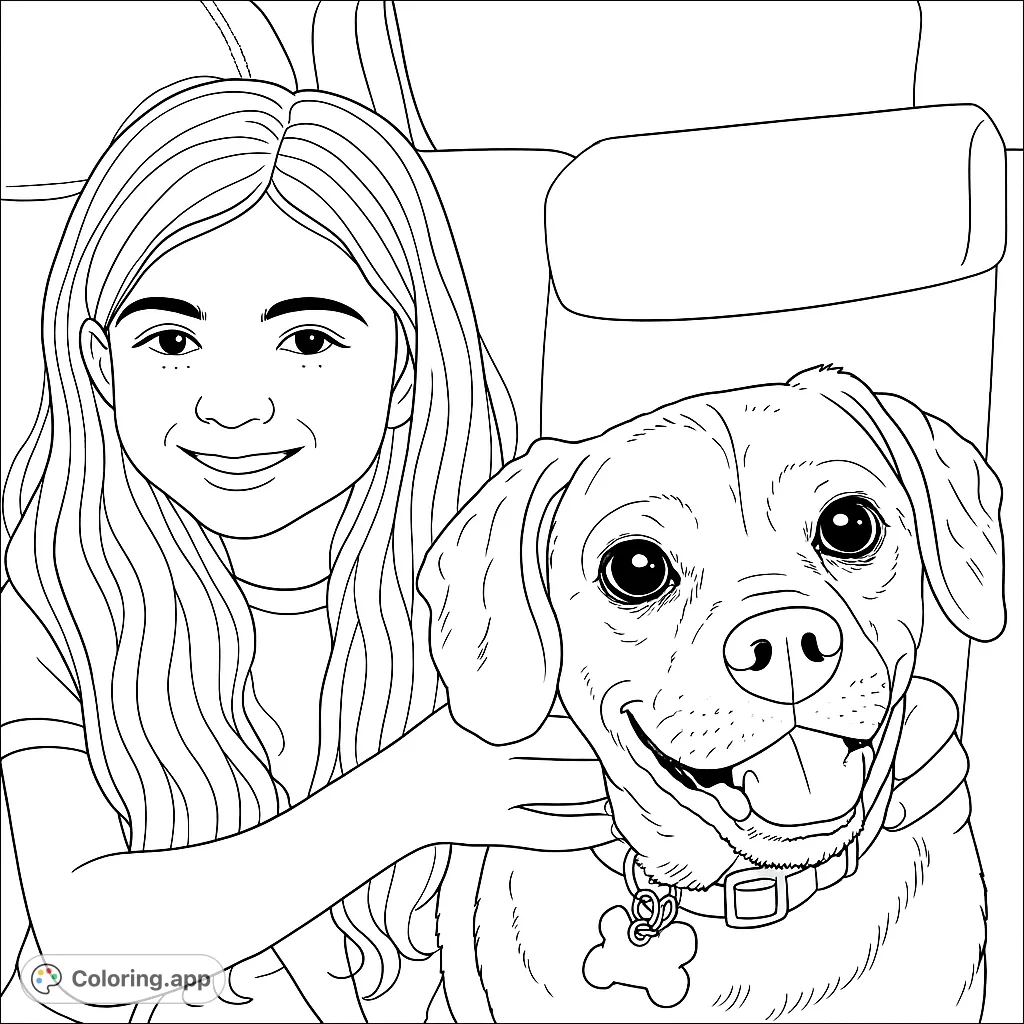 A heartwarming girl and dog coloring page featuring a smiling girl embracing her joyful canine companion, perfect for pet lovers.