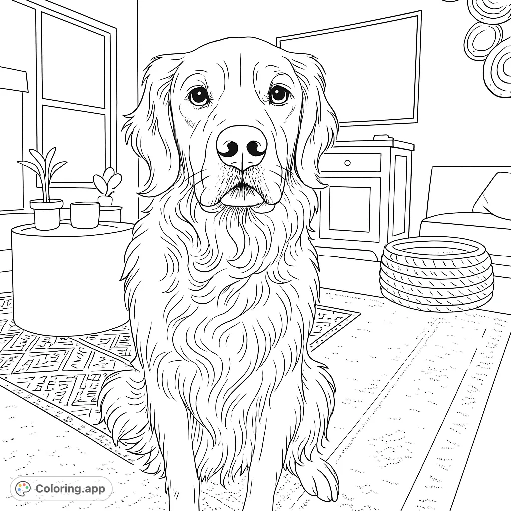A charming Golden Retriever coloring page, perfect for dog lovers. Features a detailed dog in a cozy living room setting, ready for your creative colors.