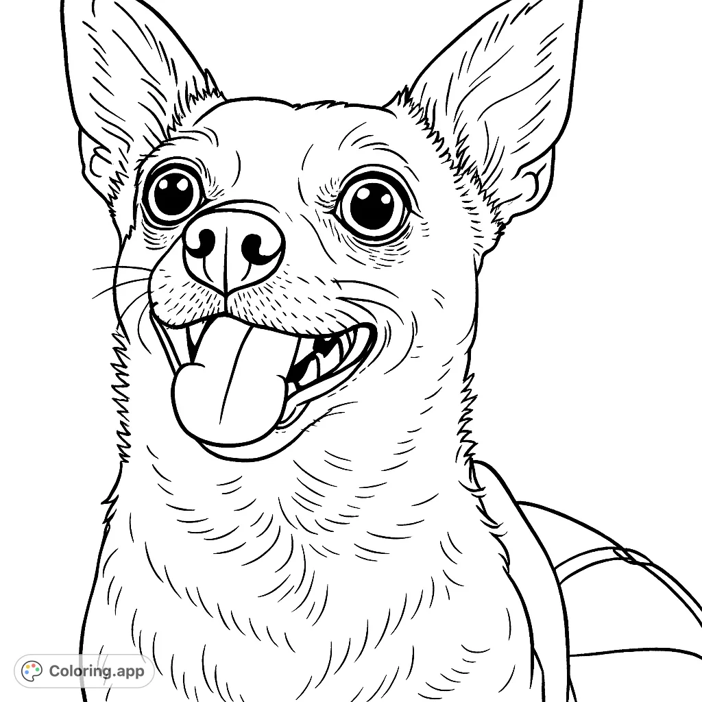 A delightful chihuahua coloring page featuring a happy dog with a wide smile and tongue out. Perfect for dog lovers and all ages!