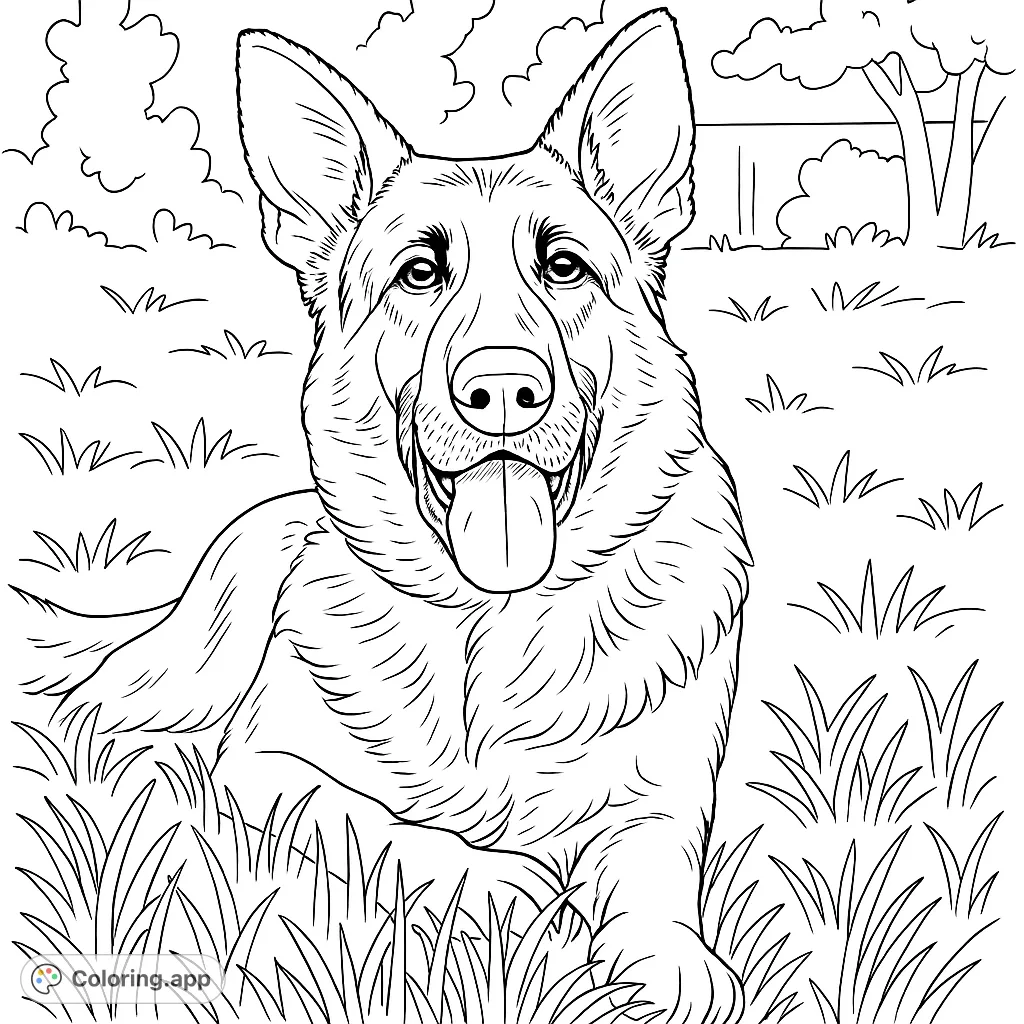 A delightful German Shepherd coloring page, perfect for dog lovers! This free printable features a happy dog lying in grass, ready for vibrant colors.