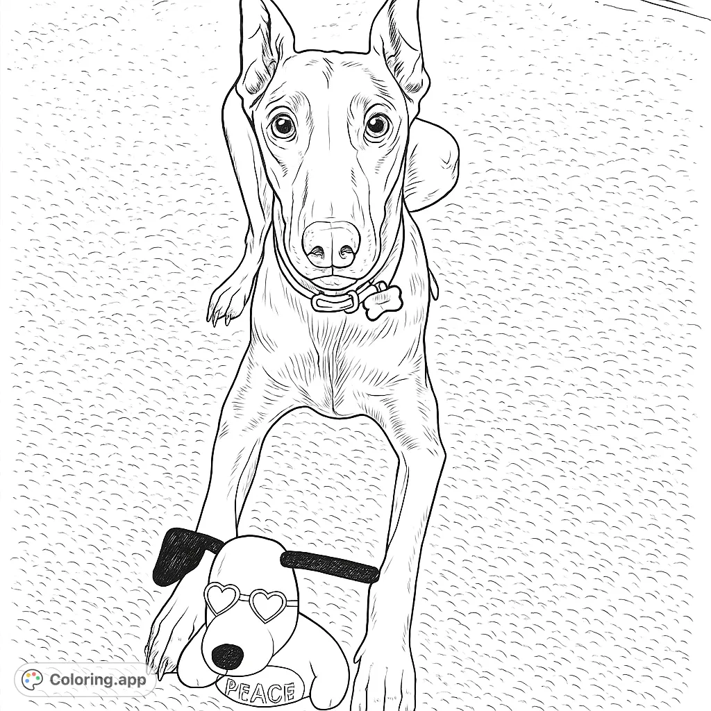 A charming dog with a bone tag and a cute toy wearing heart sunglasses. A delightful dog coloring page for all ages, perfect for pet lovers.