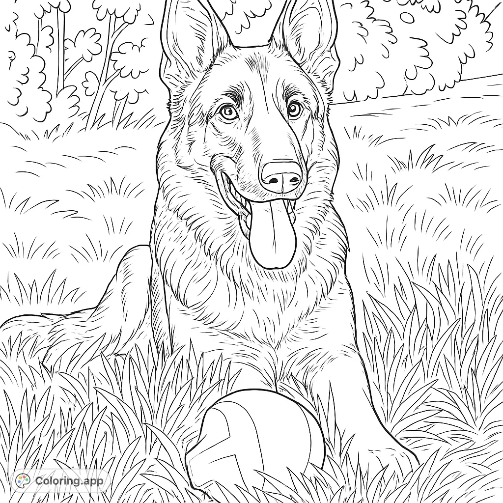 A happy German Shepherd dog lies in tall grass with a ball, ready for play. A delightful free printable dog coloring page for kids and adults.