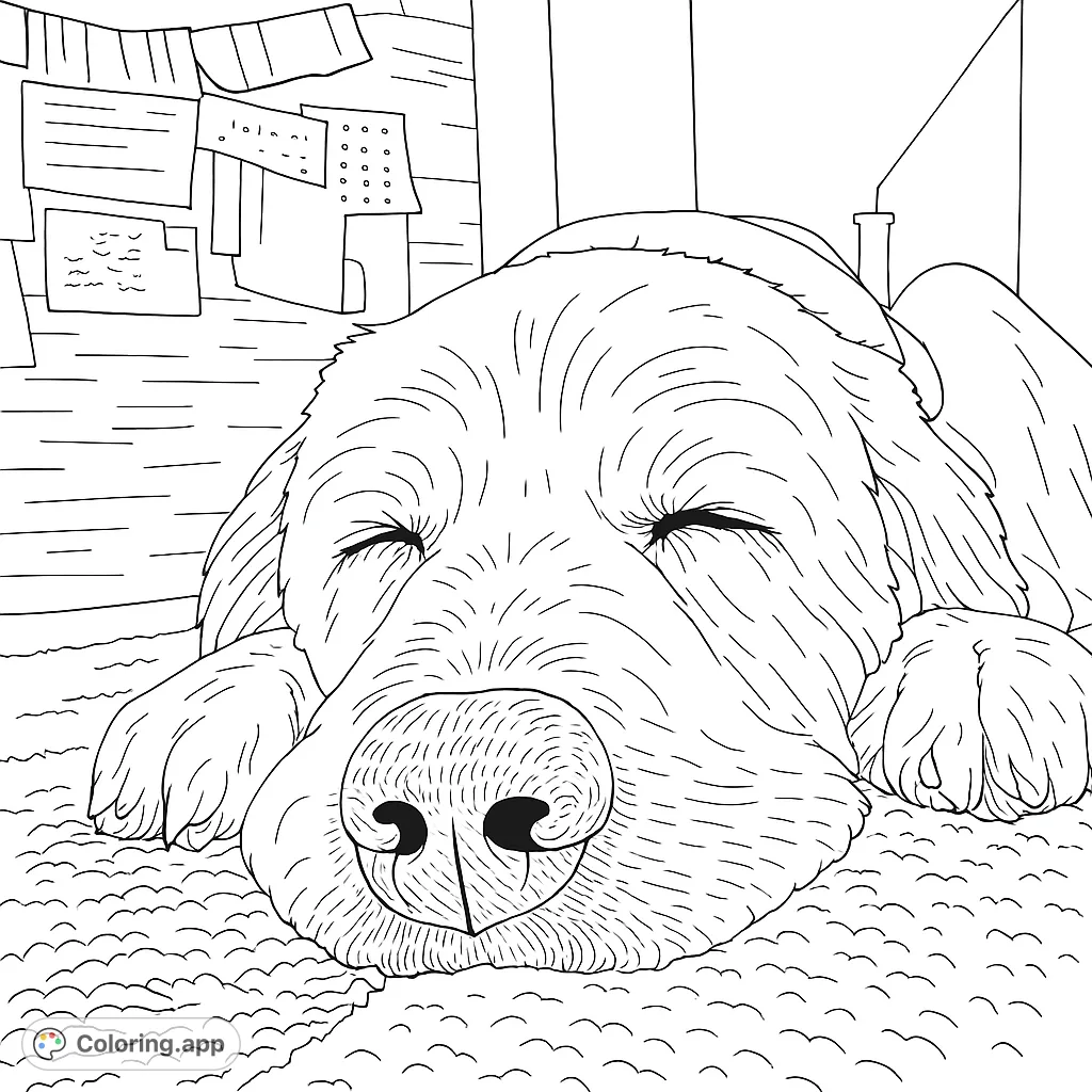 A peaceful sleeping Golden Retriever coloring page, perfect for relaxation. Features a detailed dog with textured fur and a cozy background.