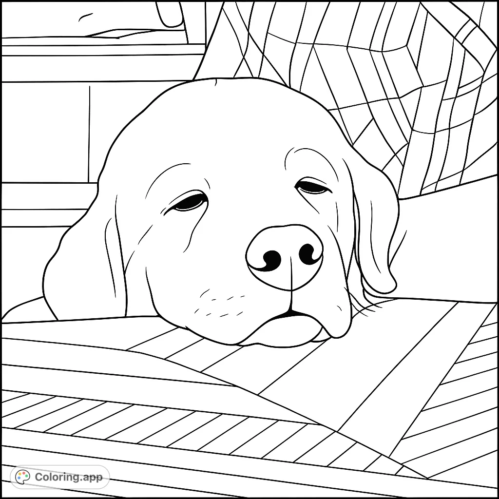 A heartwarming free printable sleepy dog coloring page, perfect for pet lovers. Features a relaxed dog's head resting on a patterned surface, ideal for all ages.