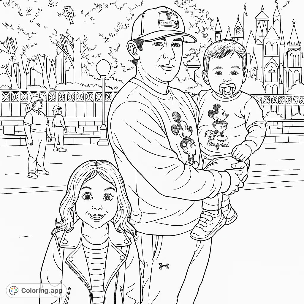 A heartwarming family outing coloring page featuring a dad holding a baby, a smiling girl, and a grand castle backdrop. Perfect for all ages!