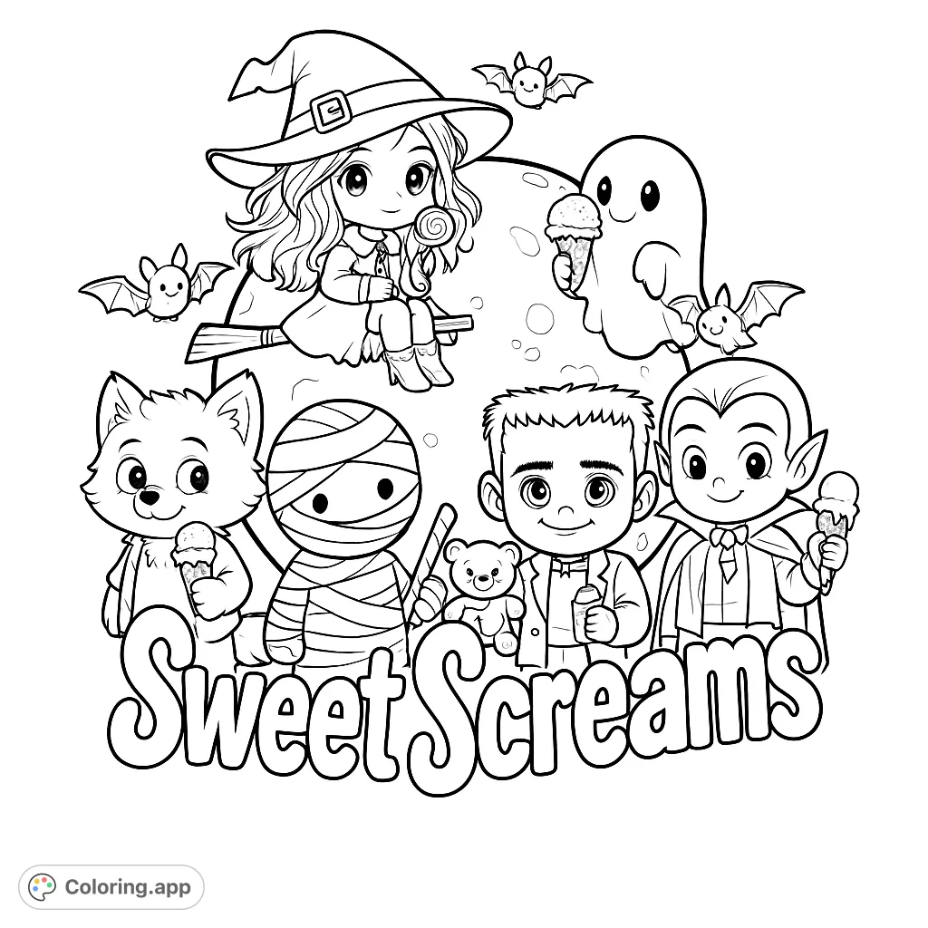 A delightful Halloween coloring page featuring a cute witch, ghost, werewolf, mummy, Frankenstein's monster, and vampire, all enjoying sweet treats!