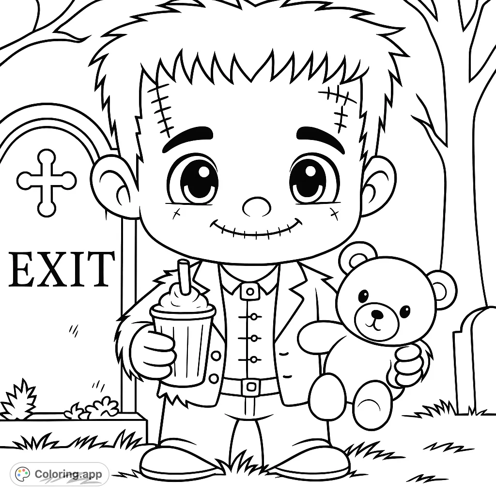 A charming Frankenstein's monster holds a sweet treat and a teddy bear in a spooky setting. A fun Halloween coloring page for kids and adults!