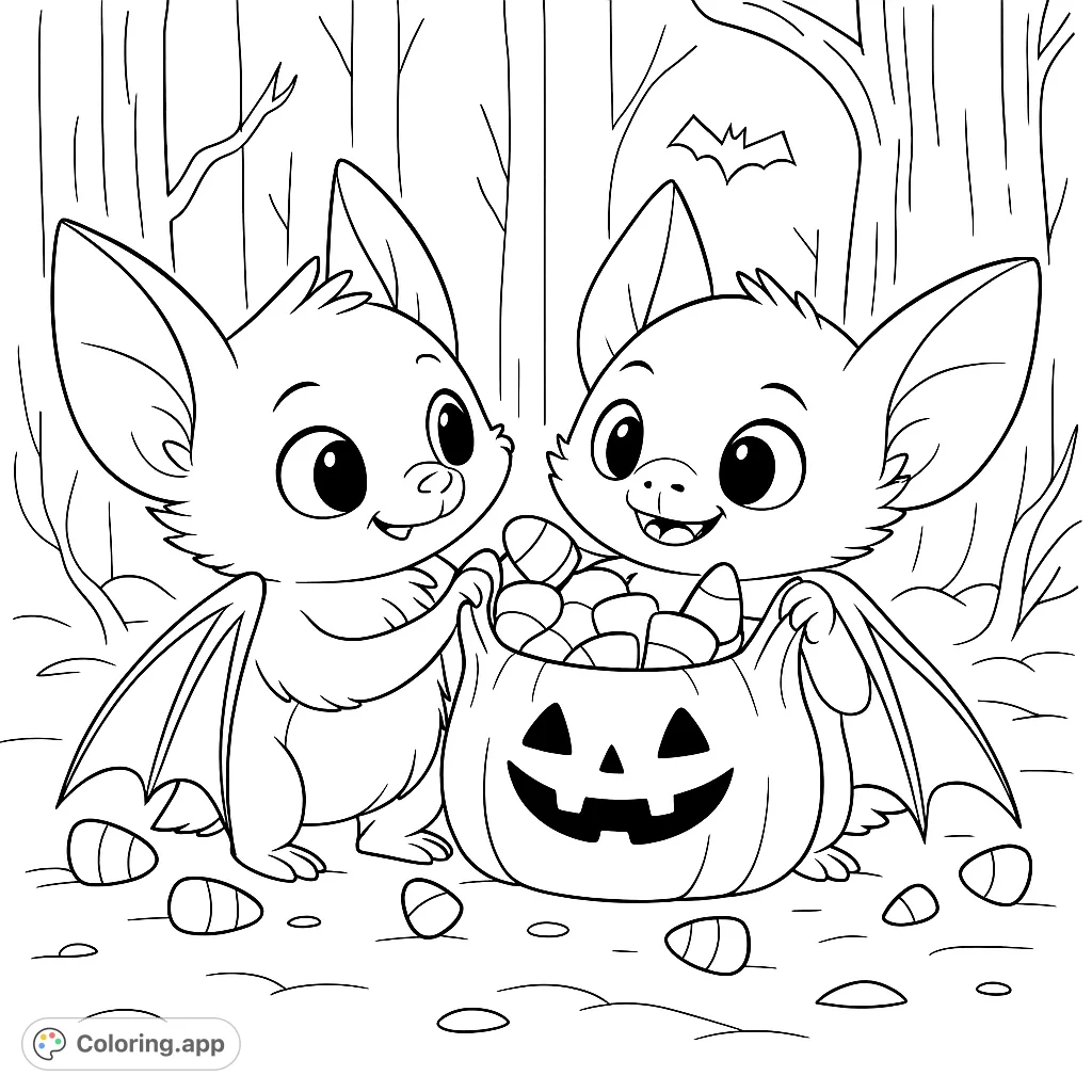 Adorable baby bats gather candy corn from a jack-o'-lantern bucket in a spooky forest. Perfect Halloween coloring page fun!