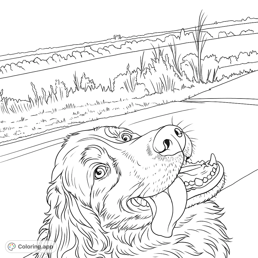 A cheerful dog's face, tongue out, enjoying an outdoor adventure. Perfect for dog lovers and a fun, free printable coloring page.