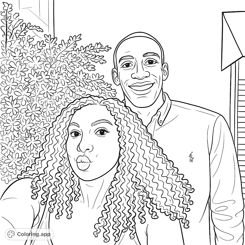 A charming black and white line drawing of a happy couple, featuring a woman with curly hair and a man smiling, set against a leafy background. Perfect for a free printable coloring page.